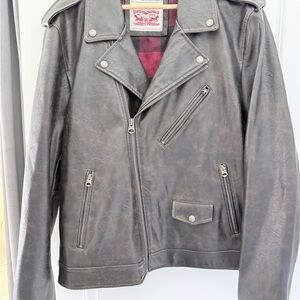 Levi's Black Leather Moto Jacket with Red Plaid Lining